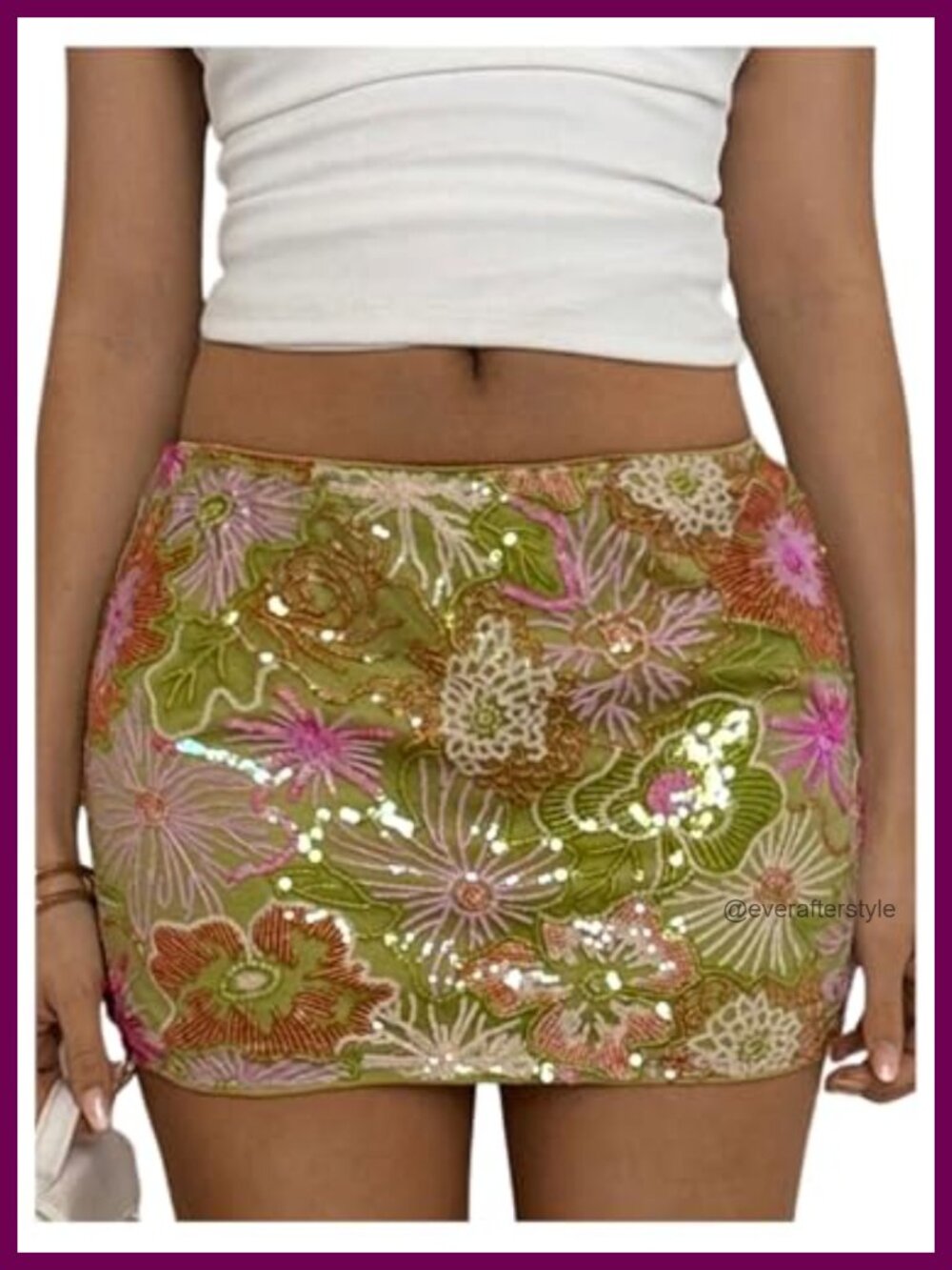 Sequin Floral Embroidered Bodycon Mini Skirt Low Rise Sparkly Clubwear